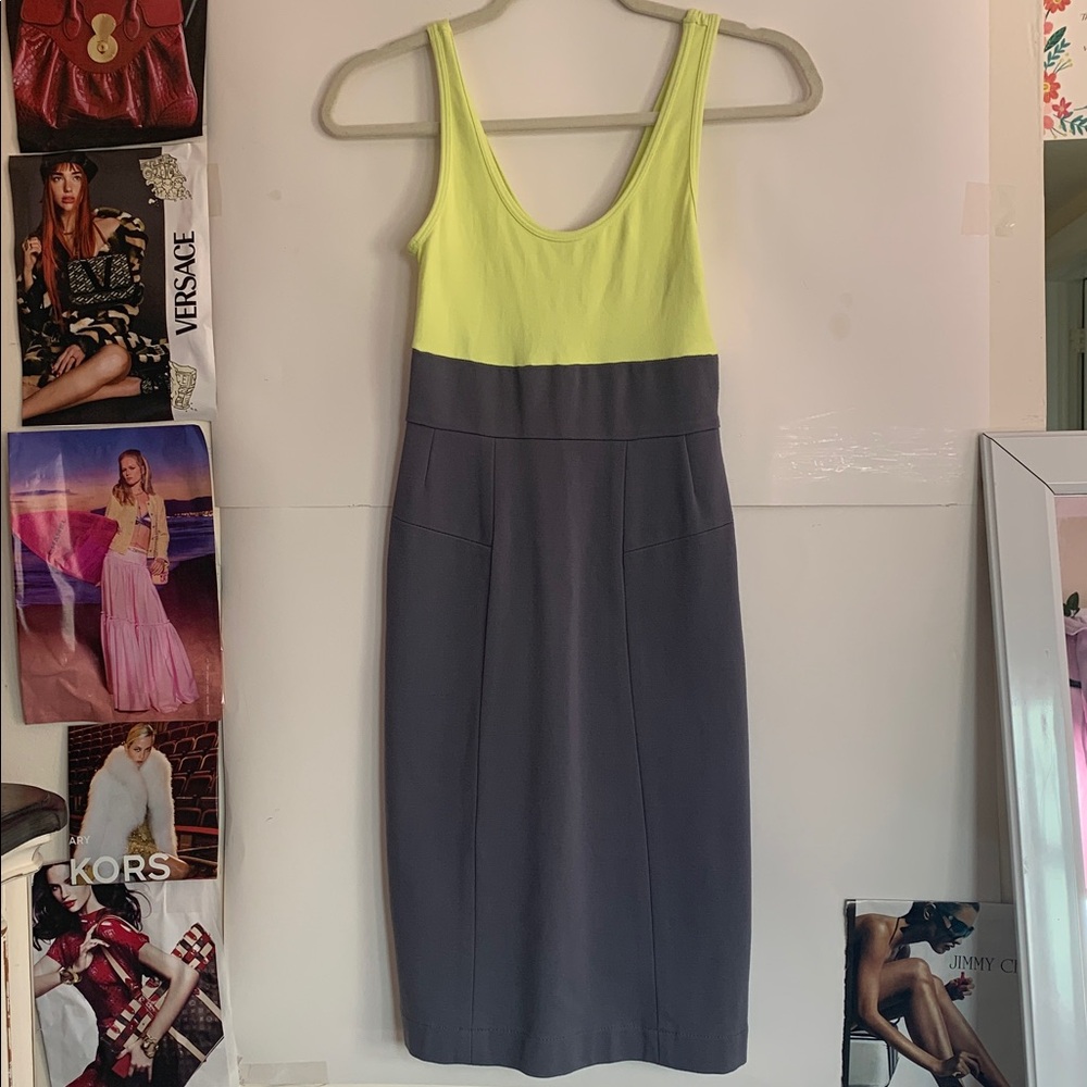 Theory Two-Tone Midi Dress - Neon Yellow and Charcoal